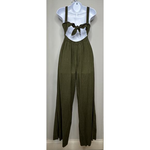 URBAN OUTFITTERS Wide Leg Linen Jumpsuit S Olive Green Tie Back Vest Fit Boho - Picture 2 of 16